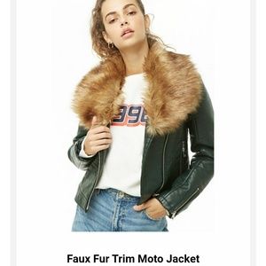 green leather moto jacket w/ fur Forever 21